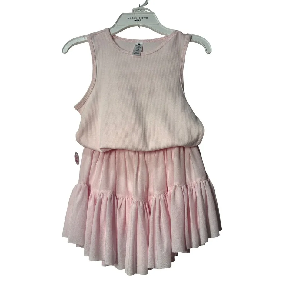 Yogalicious NWT Girls 2pc Set Rib Tank Mesh/Skort Pink Festival Bloom M/10